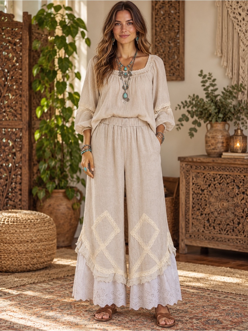 H030 NWT Magnolia XL w16-25 Light Beige Wide-Leg Boho Pants with Lace Trim